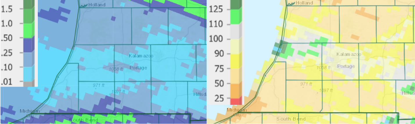 Precipitation totals from the past seven days (left) and percent of normal for the past 30 days (right) as of June 30.